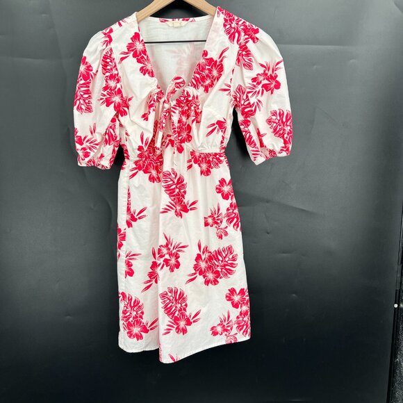 Sim & Sam puff sleeve lined Hawaiian floral mini dress tropical white red Lilo S - Picture 2 of 10